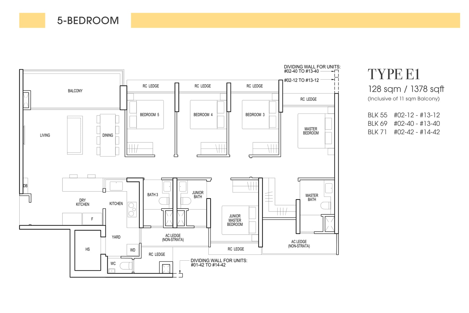 Floor plan of the 5-bedroom, type E1, 1,378 square feet