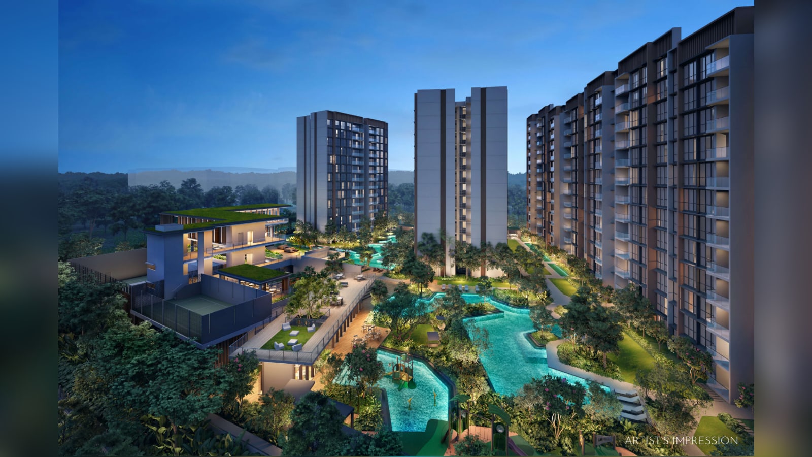 Artist's impression of the whole development at dusk: the residential blocks around the pools and the clubhouse