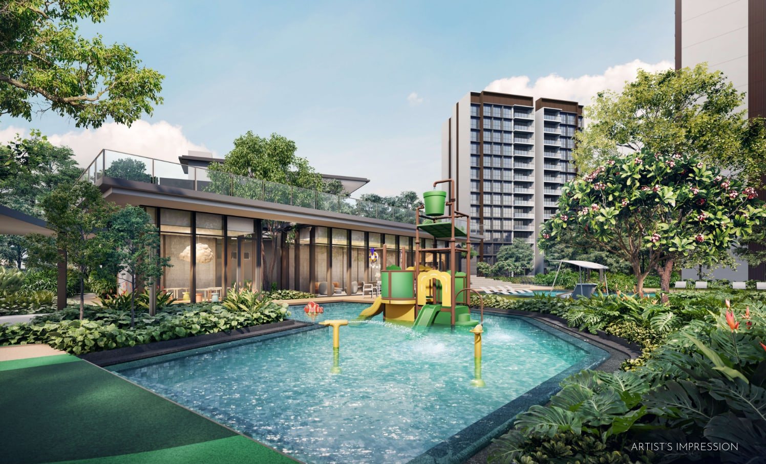 Artist's impression of the kids' pool with a water play structure and the clubhouse behind