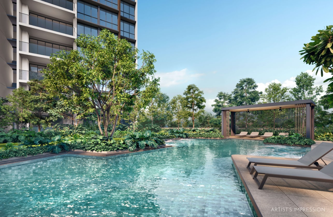 Artist's impression of a pool with a timber pavilion and sun loungers beside a residential block
