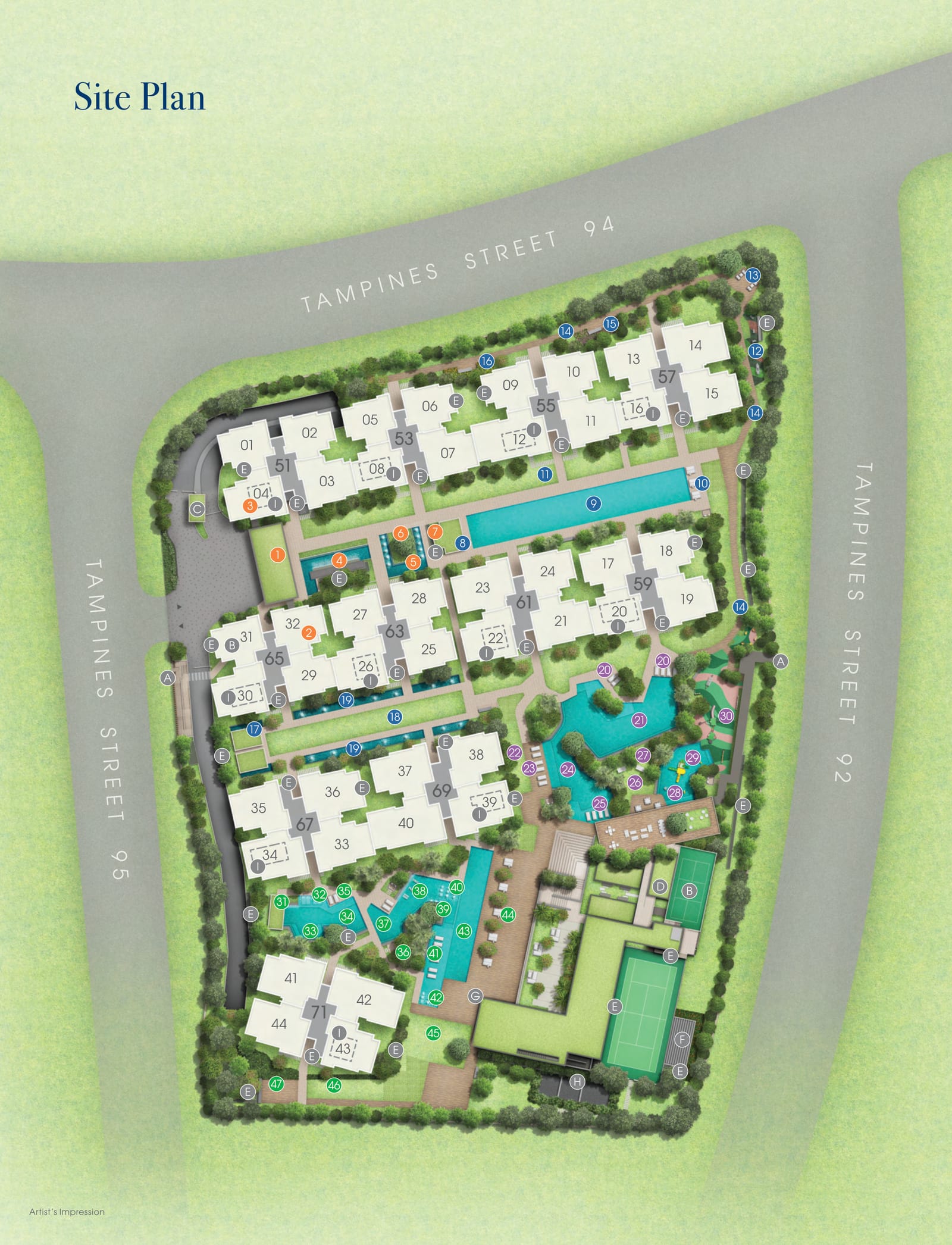 Site plan of Rivelle Tampines with the eleven blocks numbered, the pools and the clubhouse, between Tampines Street 92, 94 and 95