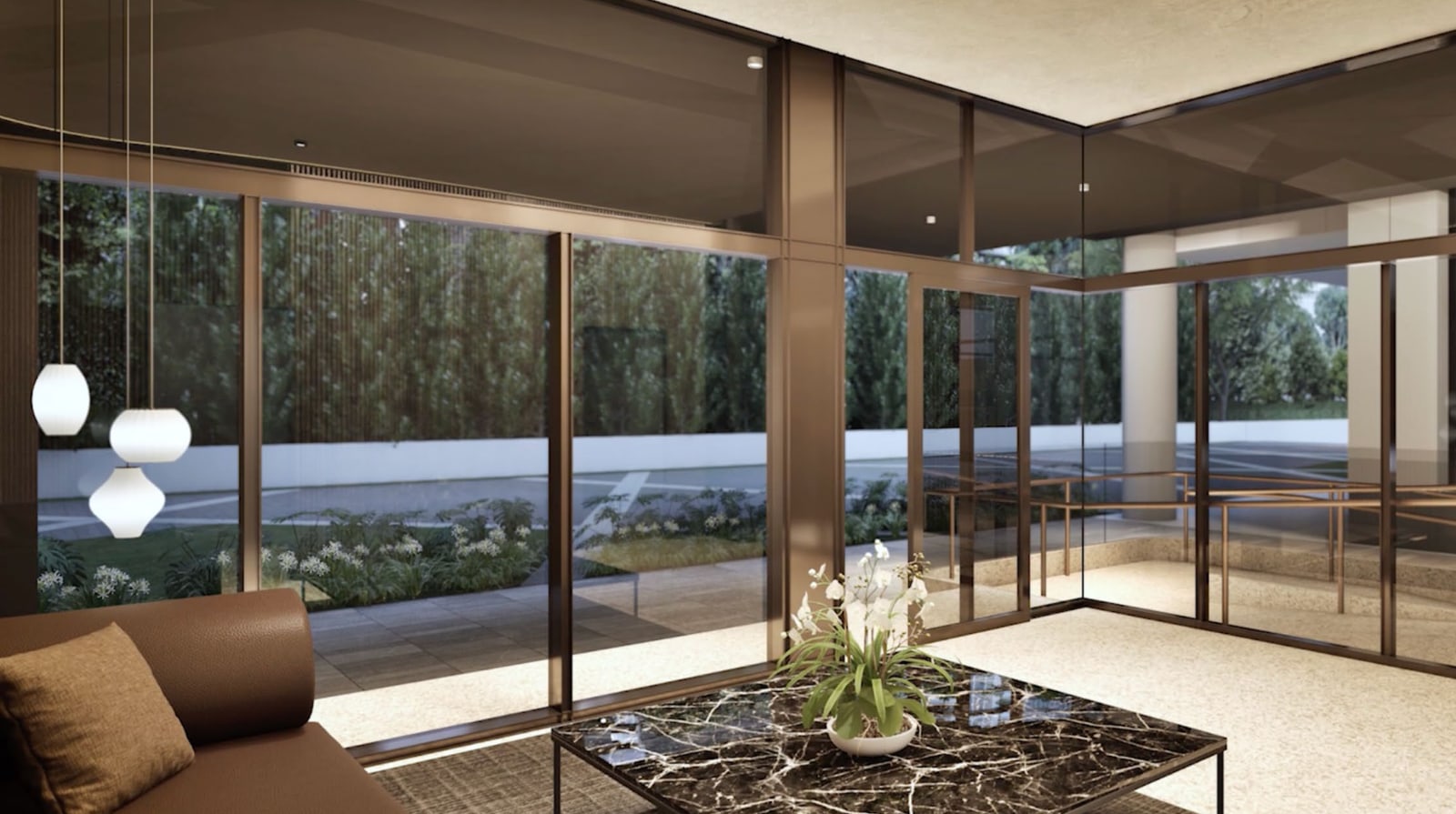 Artist's impression of the private arrival lobby at the MRT station entrance, with a sofa and glass walls