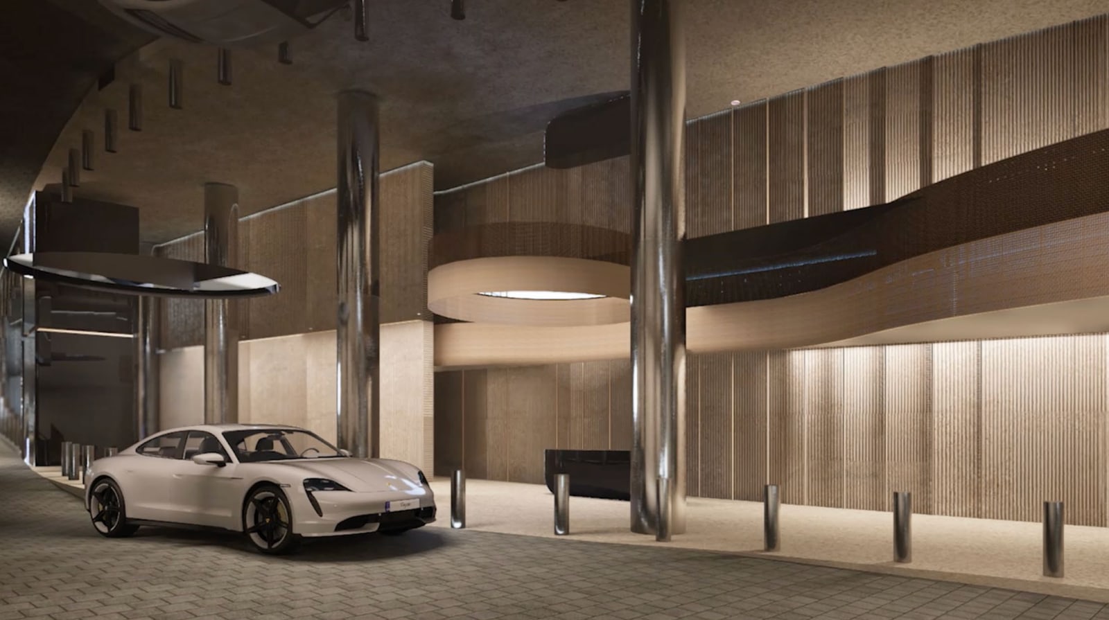 Artist's impression of the arrival area, a covered driveway with a car and lit timber walls