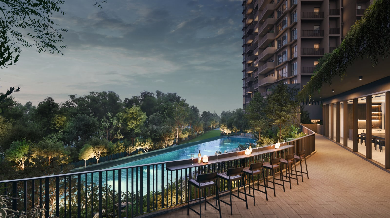Artist's impression of the clubhouse deck at dusk with a bar counter looking over the pool
