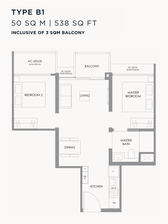 Floor plan of the 2-bedroom, type B1, 538 square feet