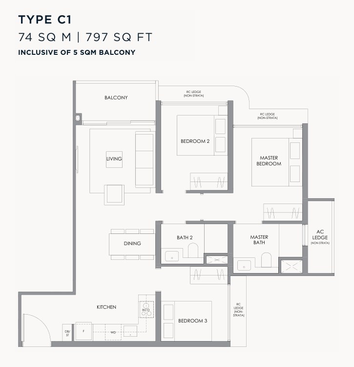 Floor plan of the 3-bedroom, type C1, 797 square feet