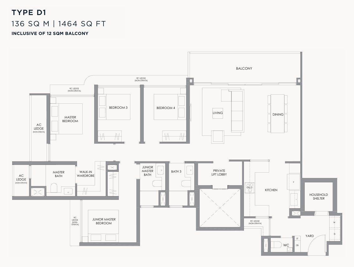 Floor plan of the 4-bedroom with private lift, type D1, 1,464 square feet