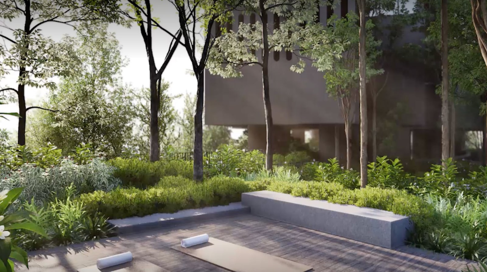 Artist's impression of the forest sanctuary with yoga mats on a paved terrace