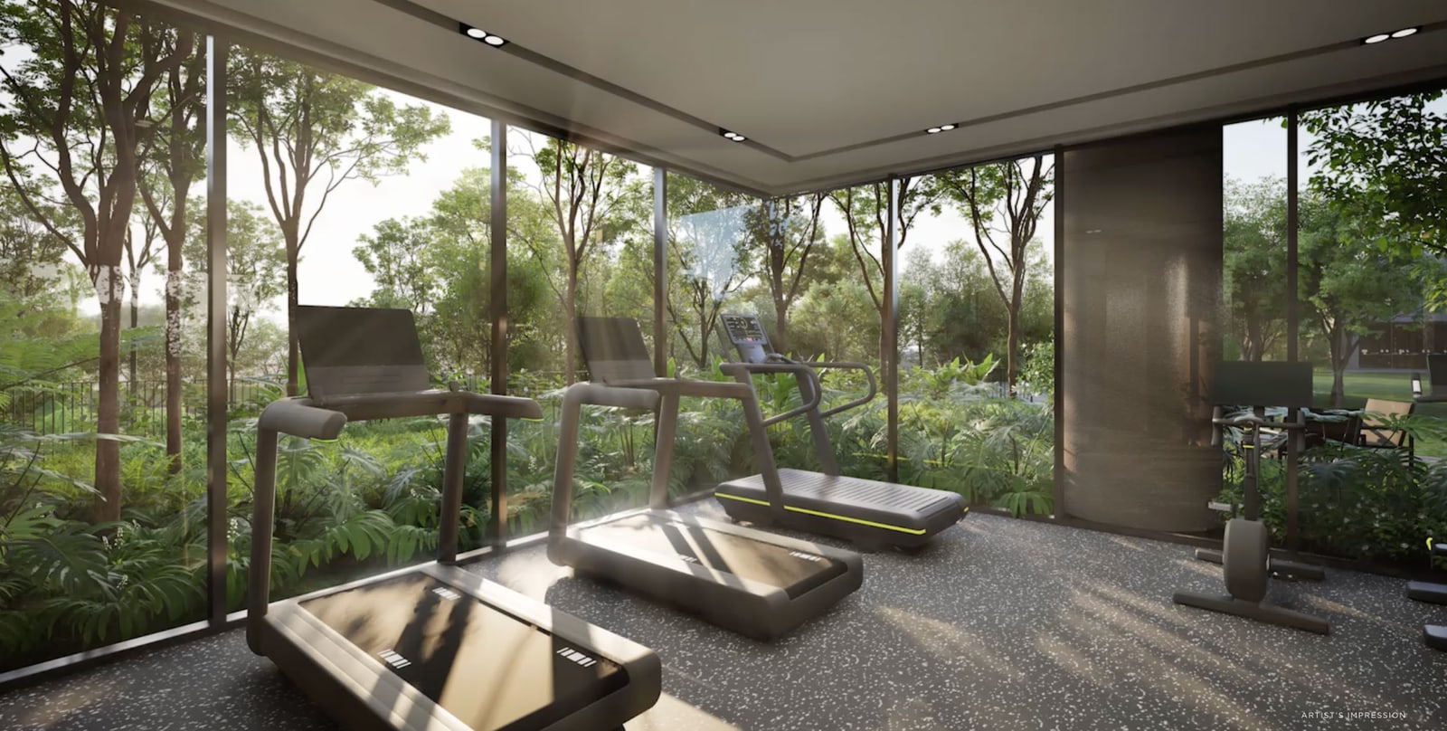 Artist's impression of the gym with treadmills and glass walls onto trees