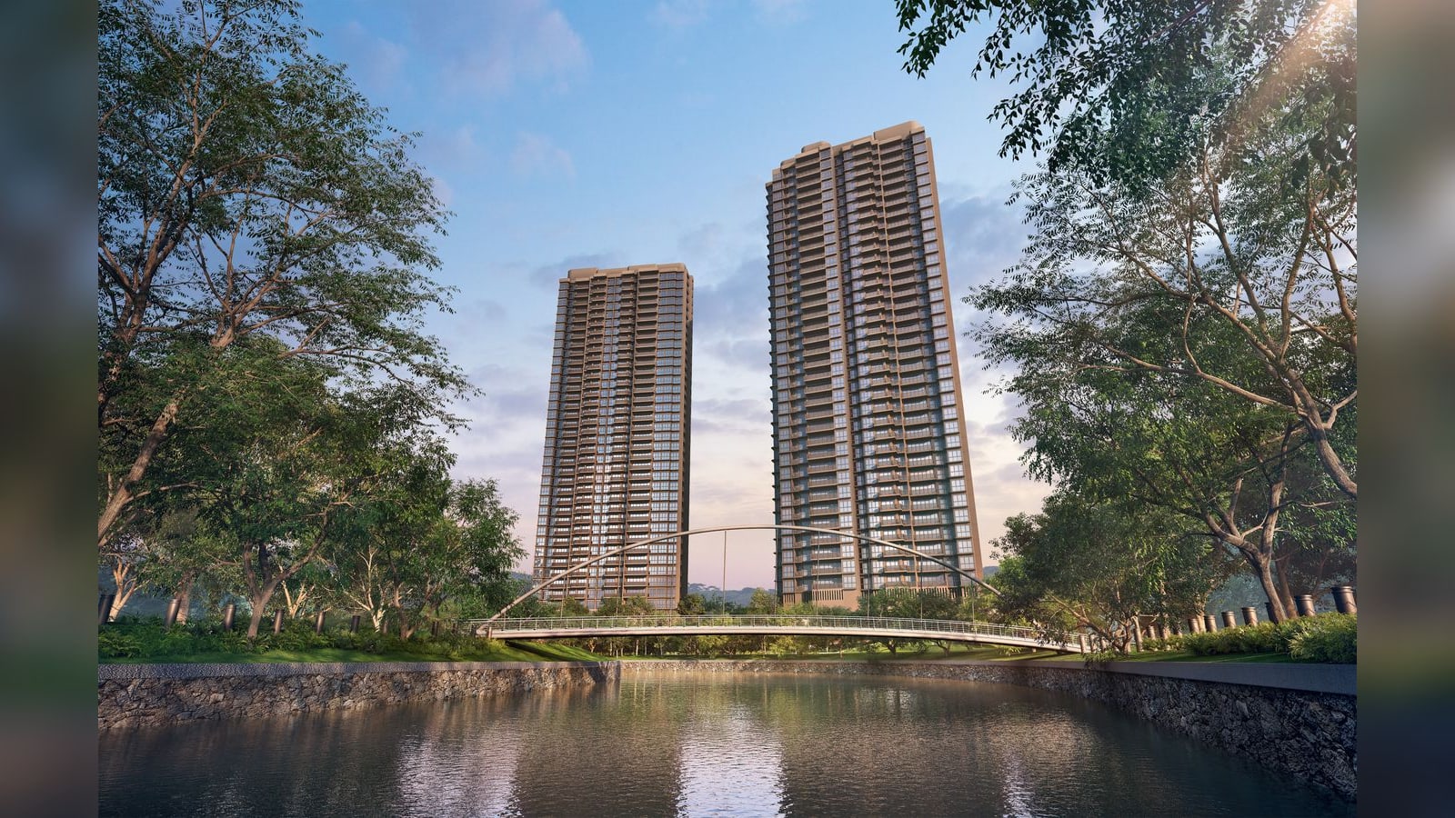 Artist's impression of River Modern's two 36-storey towers seen across the Singapore River, with a footbridge in front
