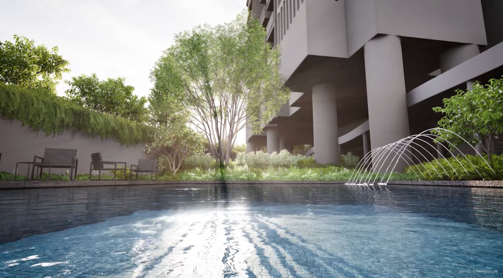 Artist's impression of the kids' pool with a fountain jet and the tower behind