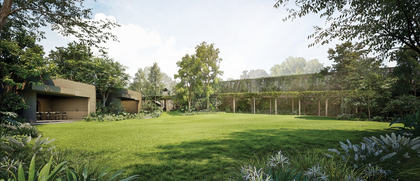 Artist's impression of the Grand Lawn with a gourmet pavilion on its left and a pergola on its right