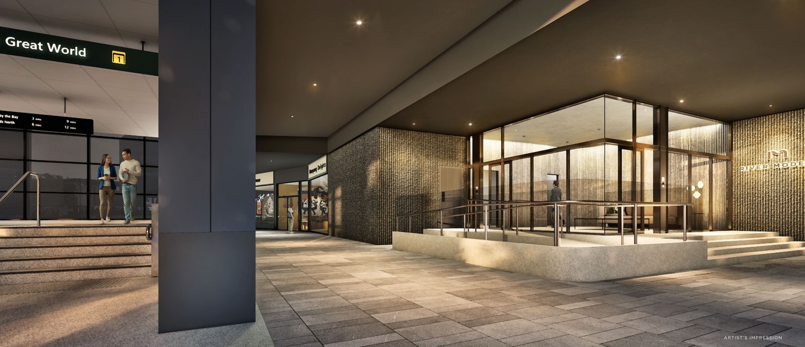 Artist's impression of the sheltered link from Great World MRT station to the River Modern lobby