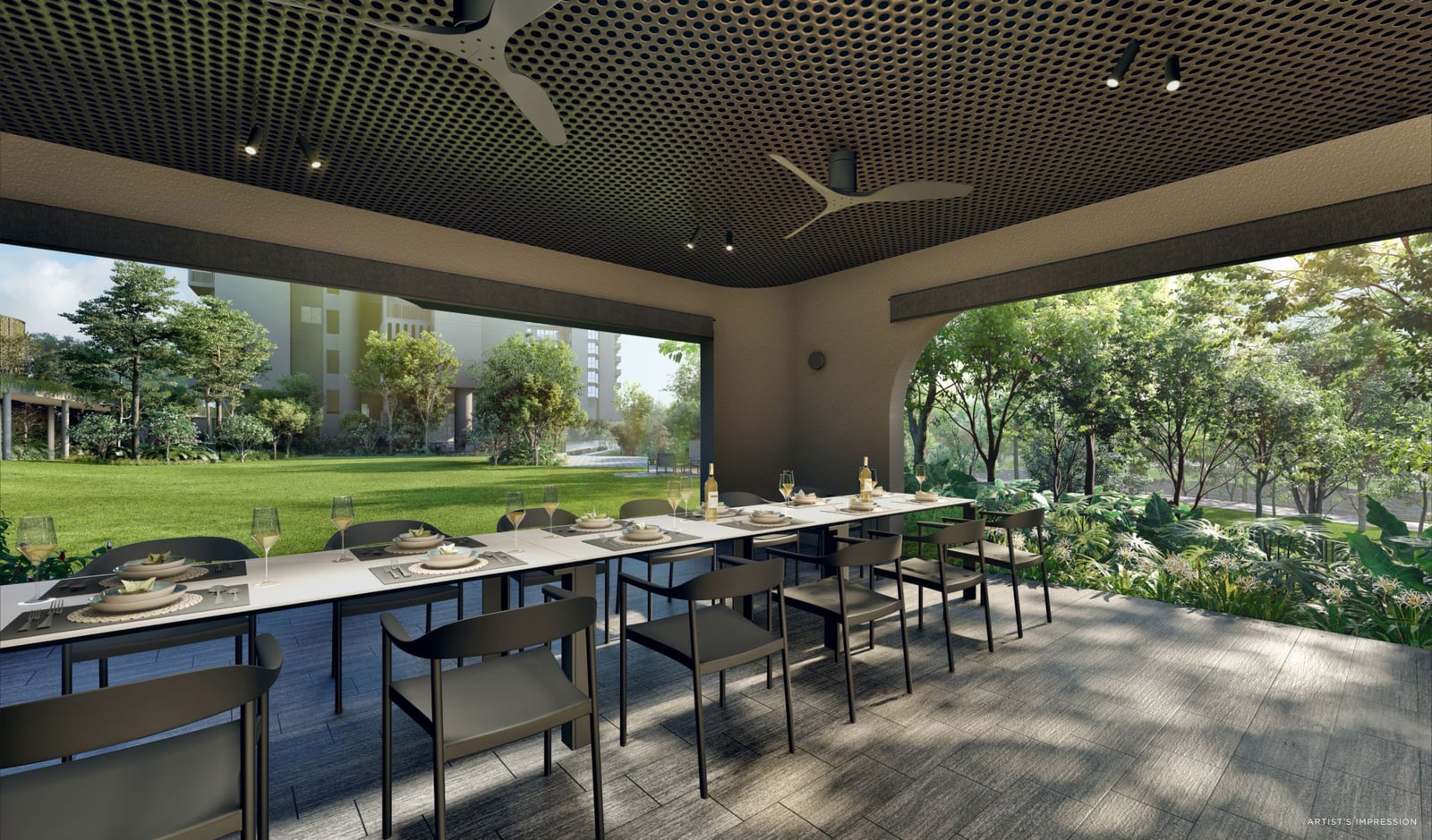 Artist's impression of a gourmet pavilion with a long dining table opening onto the lawn