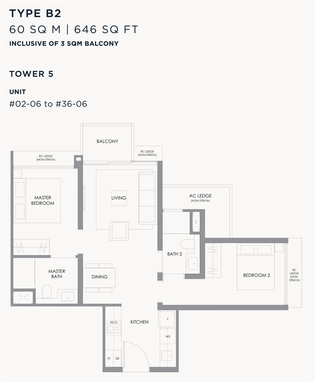 Floor plan of the 2-bedroom, type B2, 646 square feet