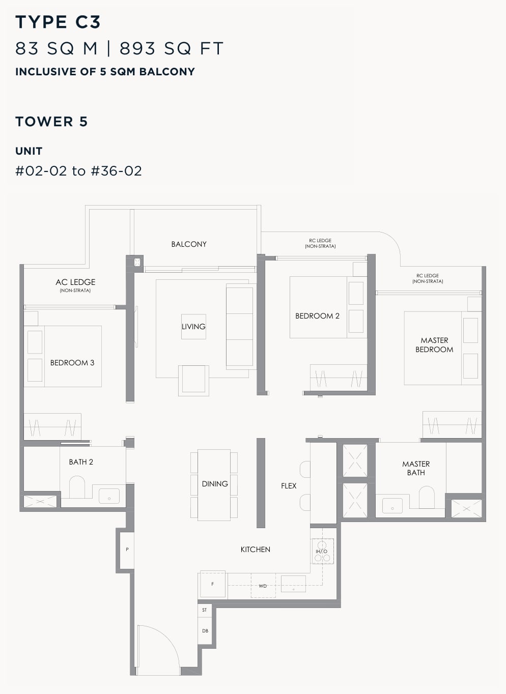 Floor plan of the 3-bedroom, type C3, 893 square feet