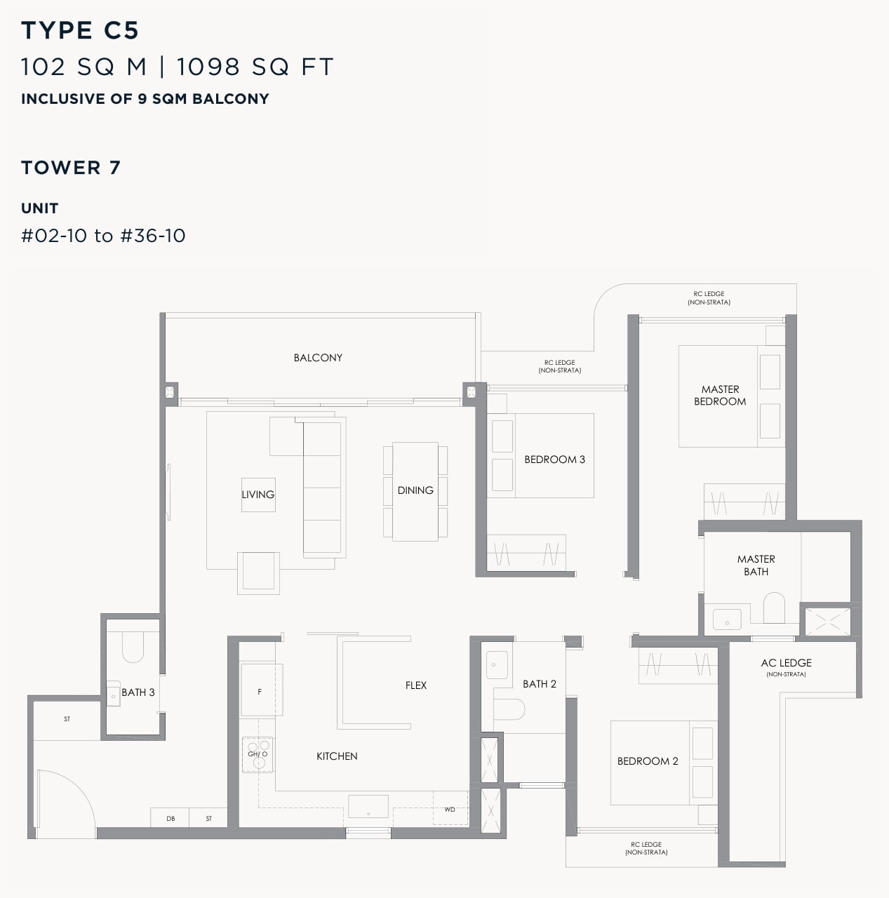 Floor plan of the large 3-bedroom, type C5, 1,098 square feet
