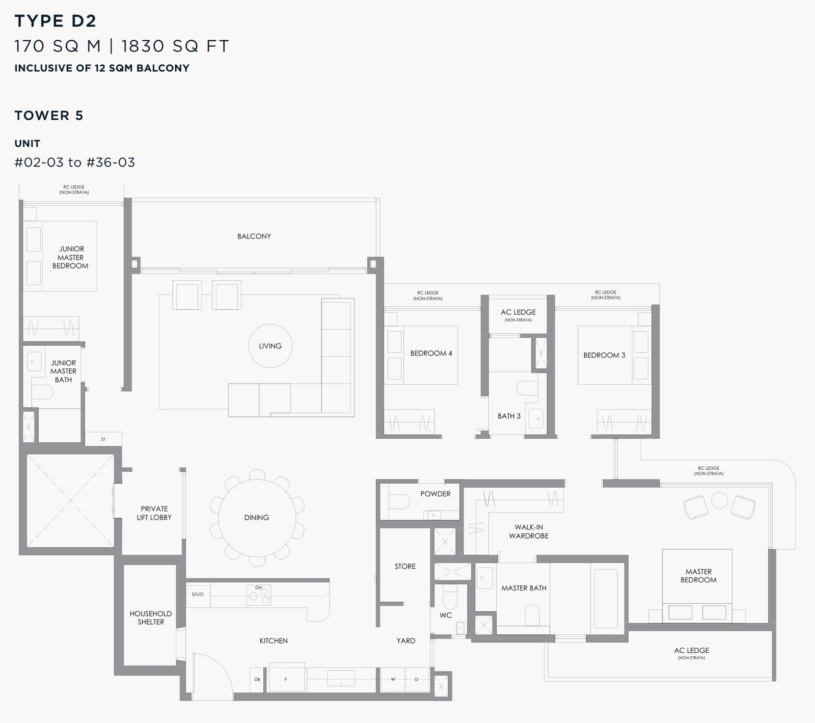 Floor plan of the 4-bedroom with private lift, type D2, 1,830 square feet