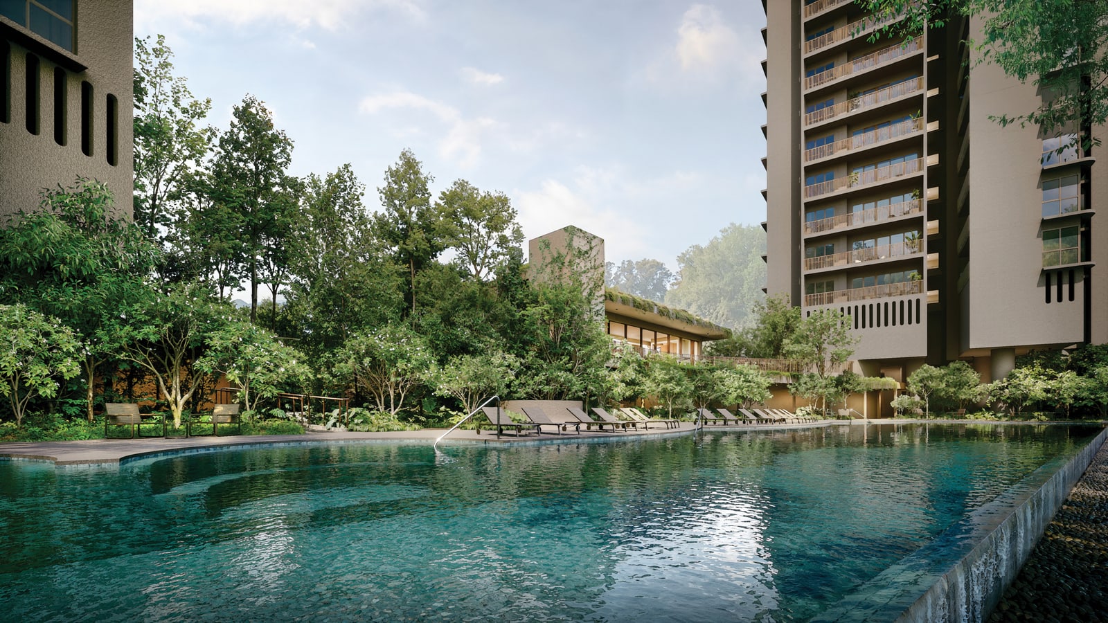 Artist's impression of the 50-metre infinity pool with the towers rising behind the trees