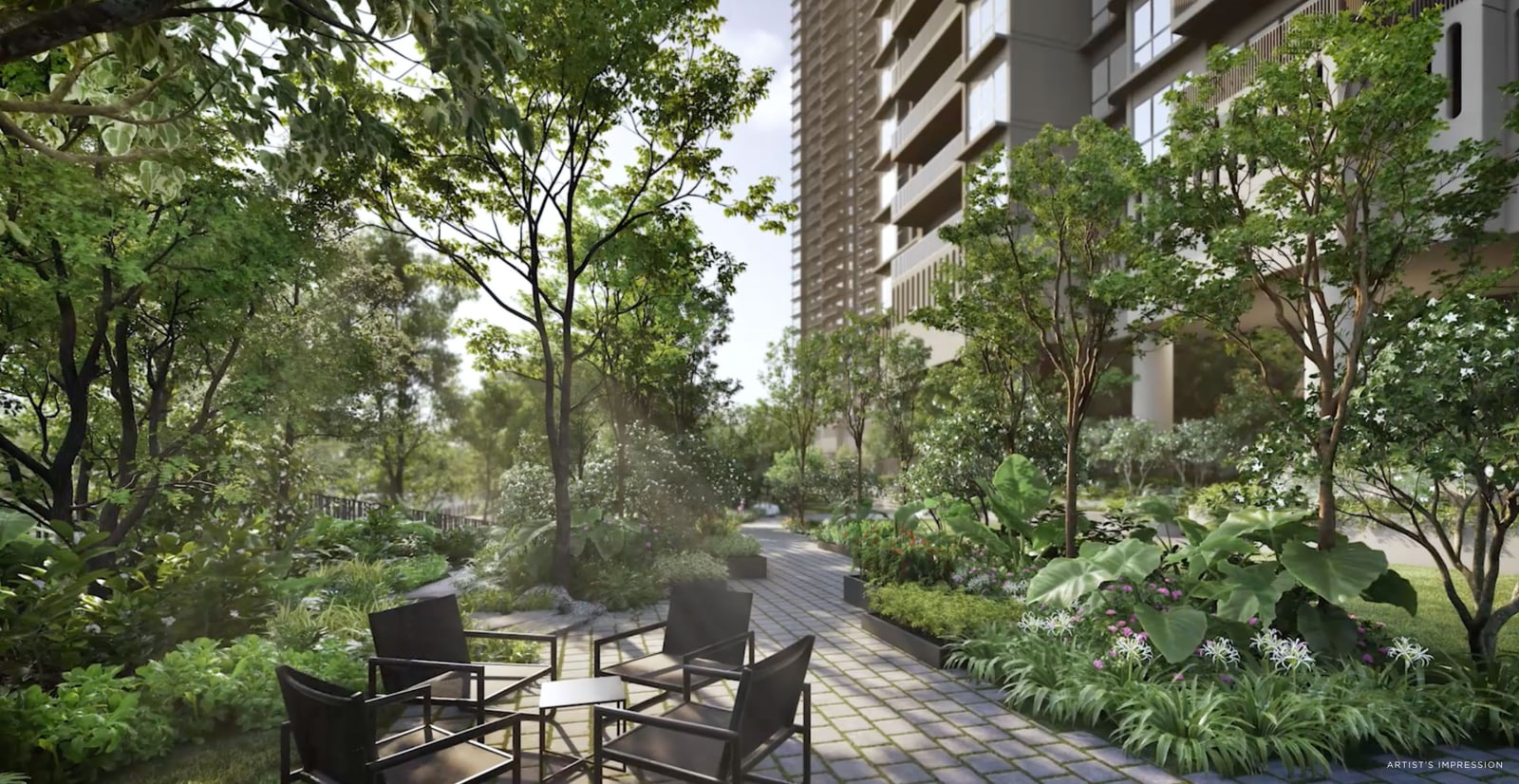 Artist's impression of the riverside garden with a paved path, chairs and the tower beyond