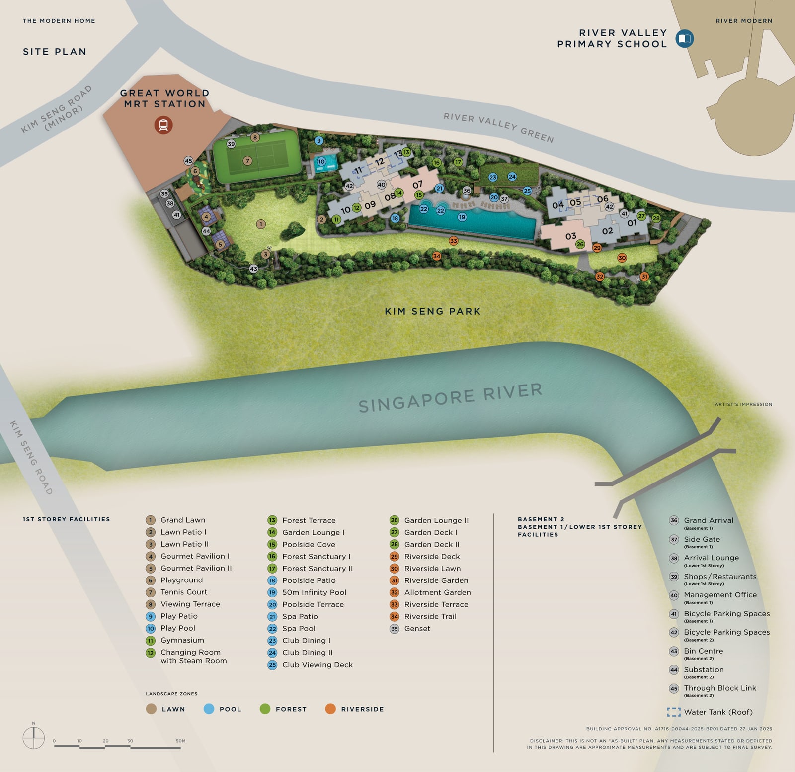Site plan of River Modern beside Kim Seng Park and Great World MRT station, with a numbered legend of facilities