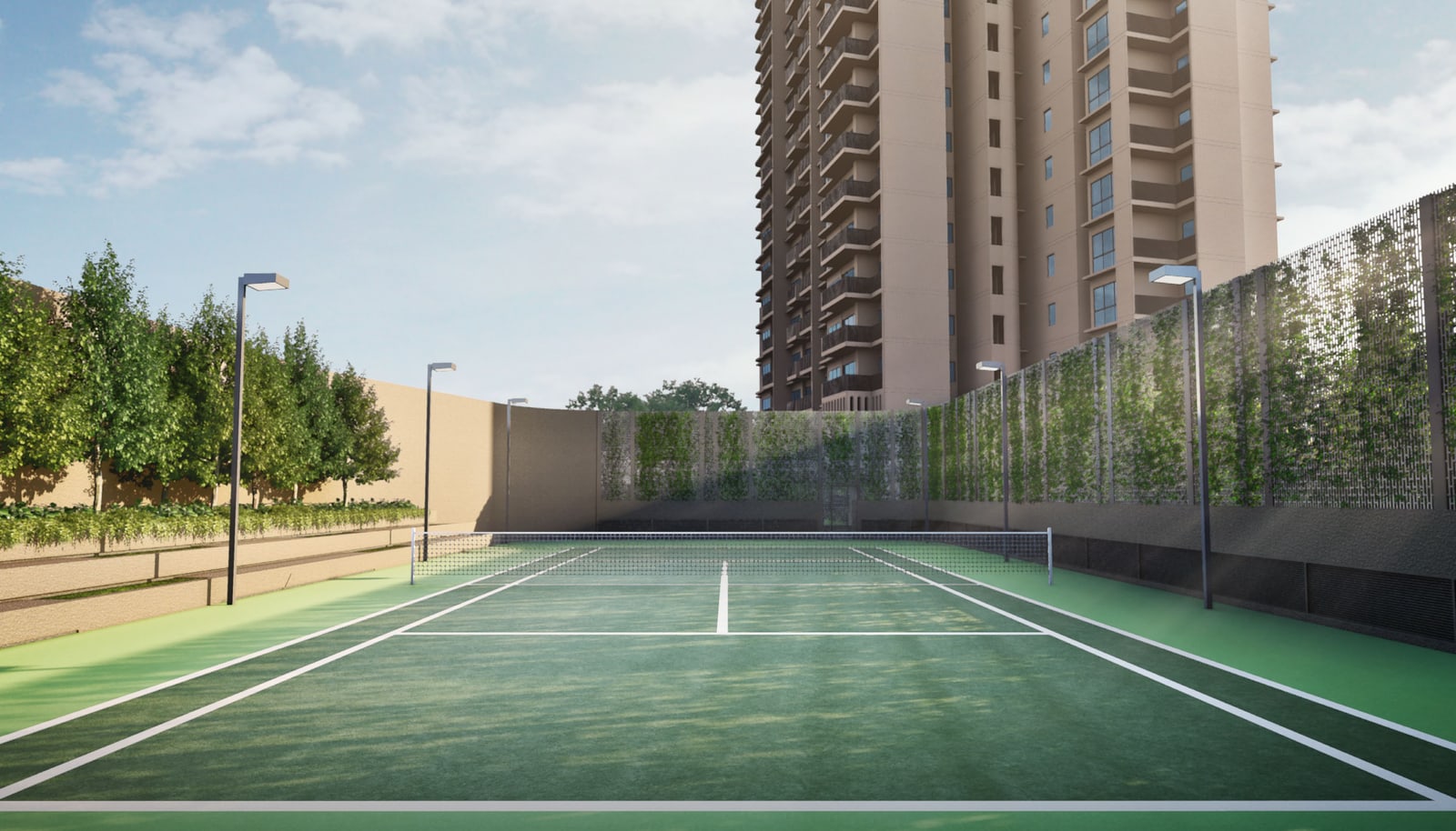 Artist's impression of the tennis court with the tower rising beside it