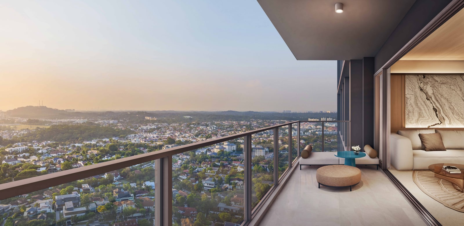 Artist's impression of a balcony and living room at height with a view over bungalow estates and greenery
