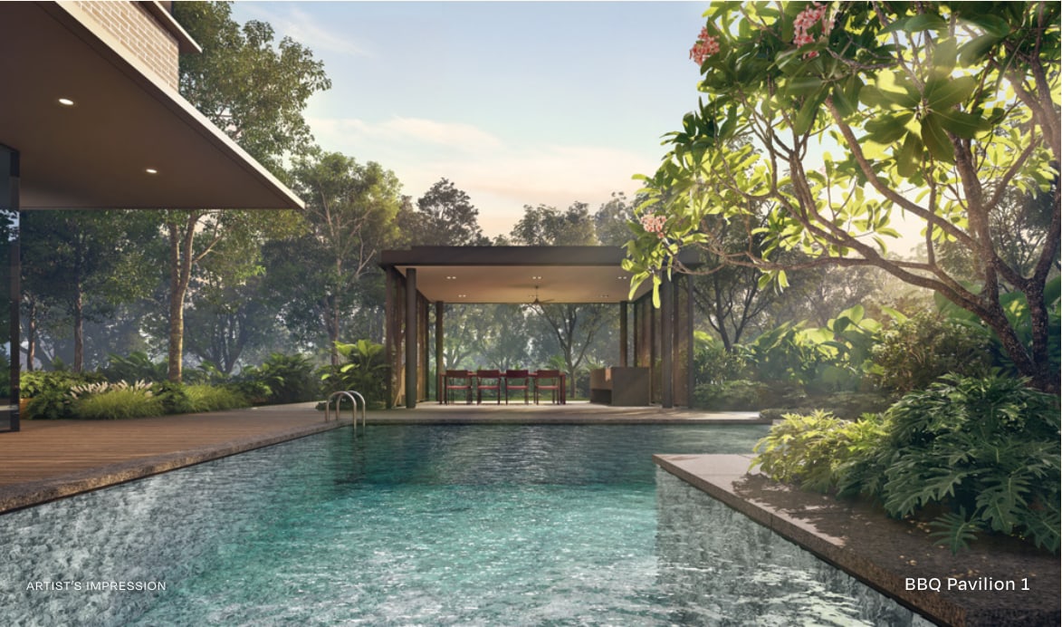 Artist's impression of BBQ Pavilion 1 beside a pool