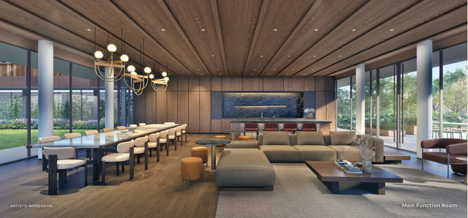 Artist's impression of the main function room in the Skye Clubhouse with a long dining table and a lounge