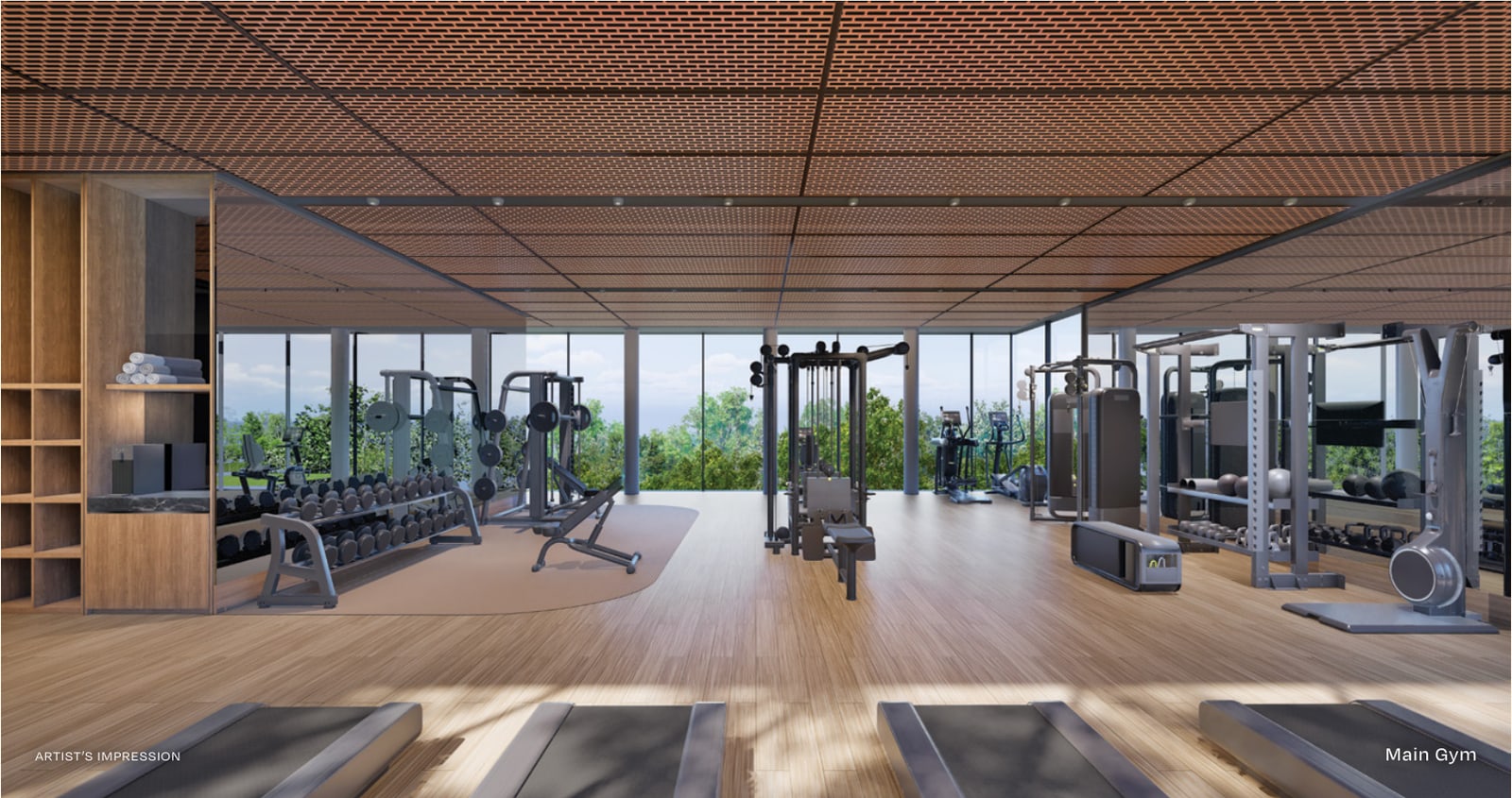 Artist's impression of the main gym in the Skye Clubhouse with floor-to-ceiling glass
