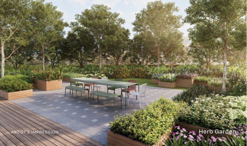 Artist's impression of the herb garden with raised planters and a long outdoor table