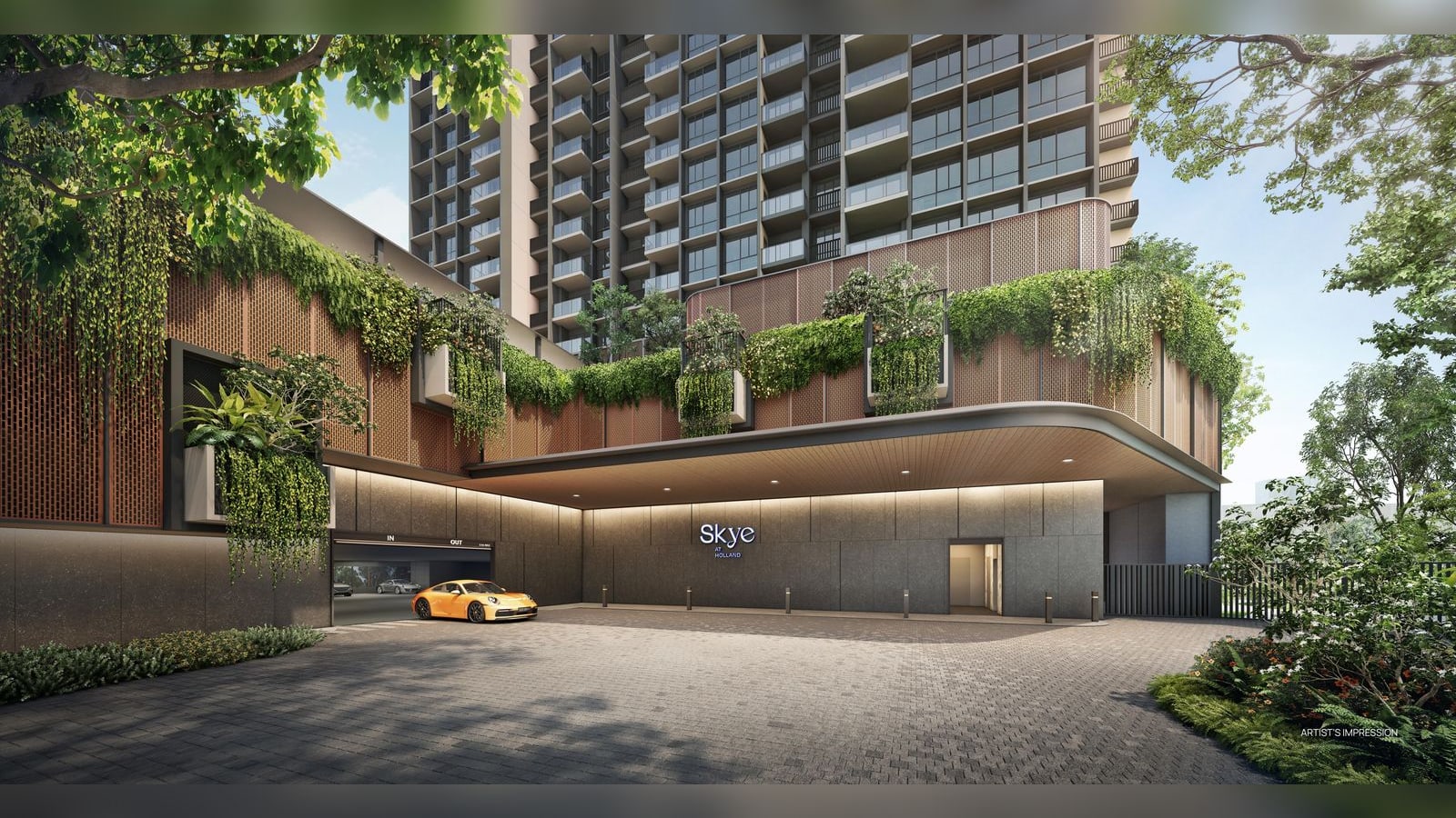Artist's impression of the arrival drop-off at the foot of the Skye at Holland towers, with the podium covered in hanging greenery
