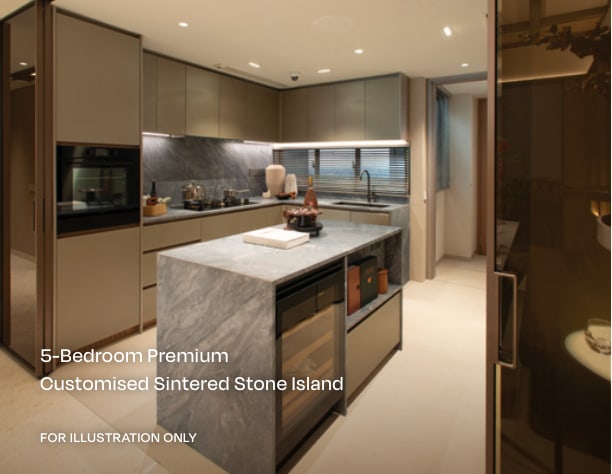 Show-unit kitchen of the 5-bedroom premium home with a sintered stone island