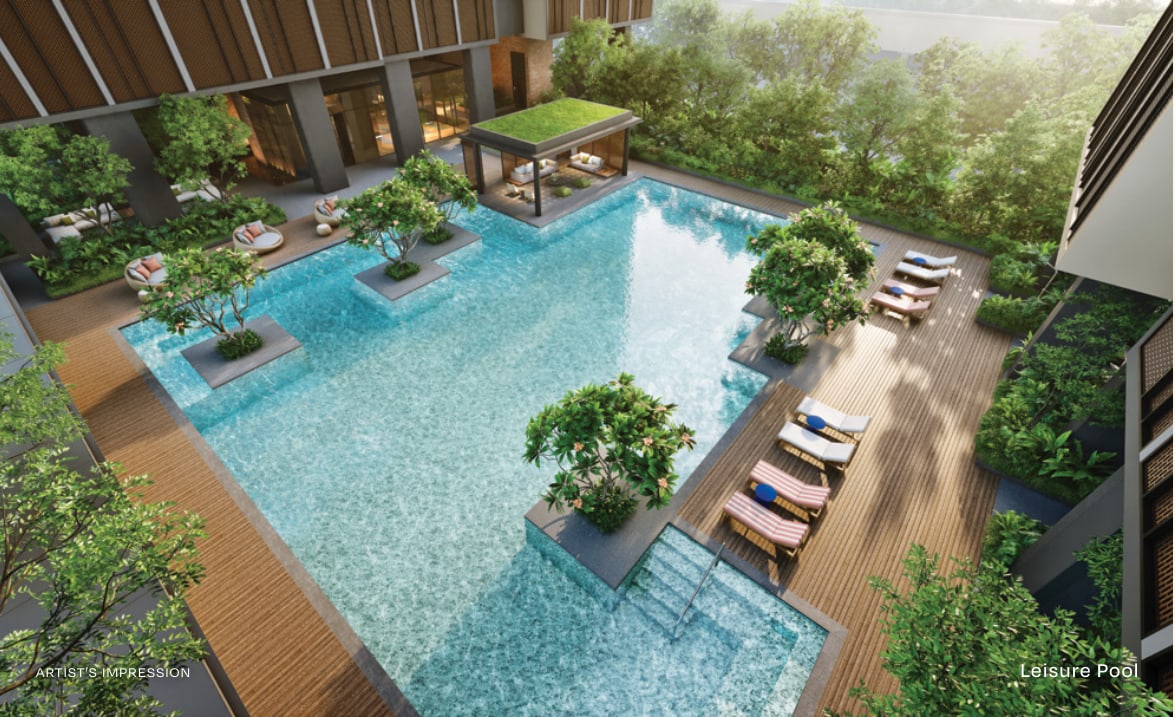 Artist's impression of the leisure pool seen from above, with sun loungers and a pavilion