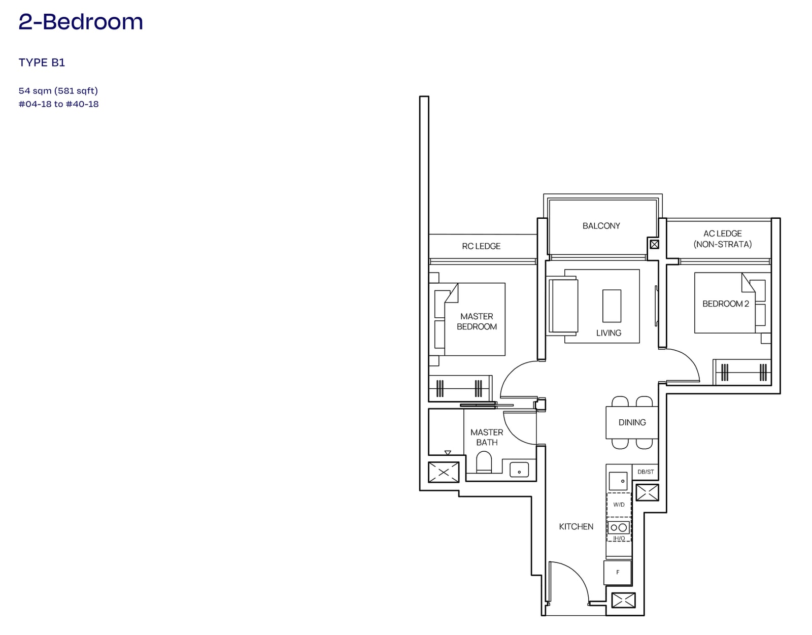 Floor plan of the 2-bedroom, type B1, 581 square feet