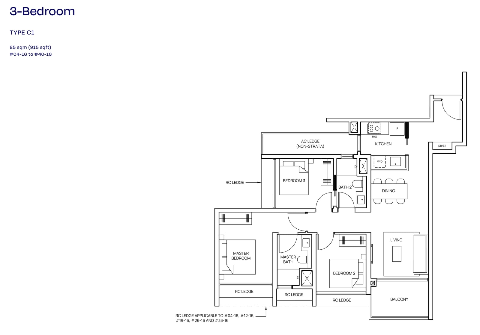 Floor plan of the 3-bedroom, type C1, 915 square feet