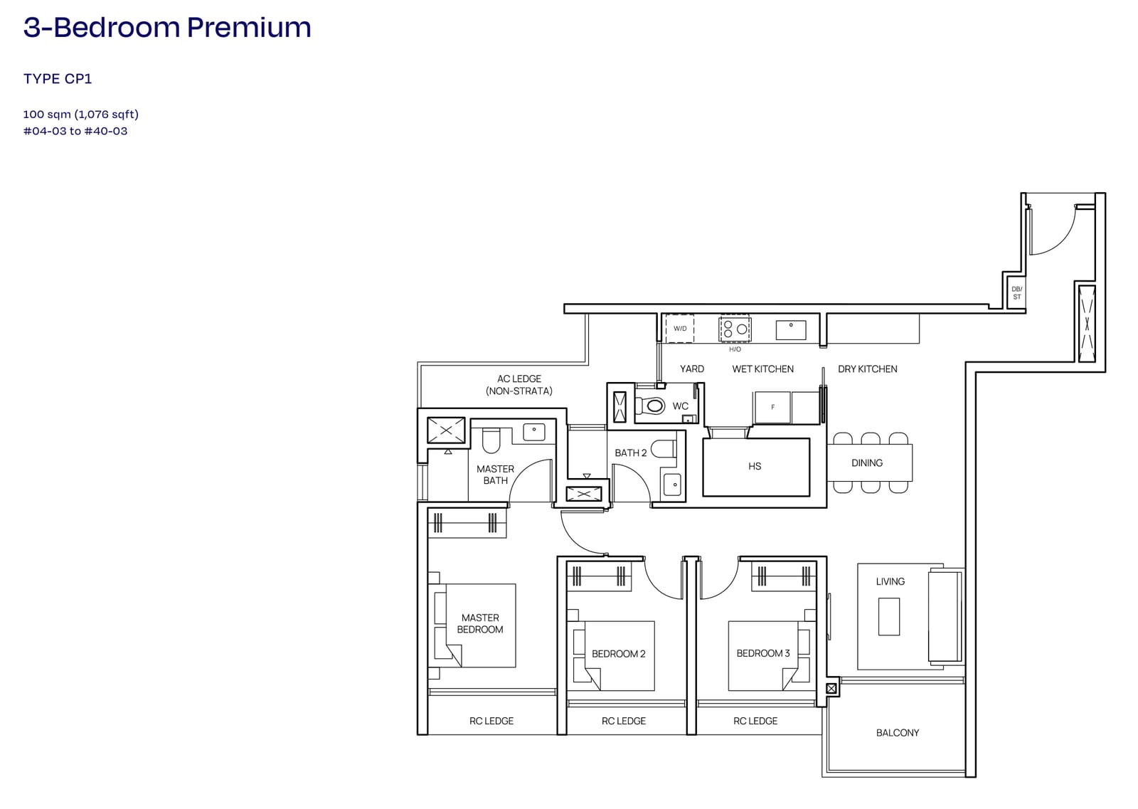 Floor plan of the 3-bedroom premium, type CP1, 1,076 square feet