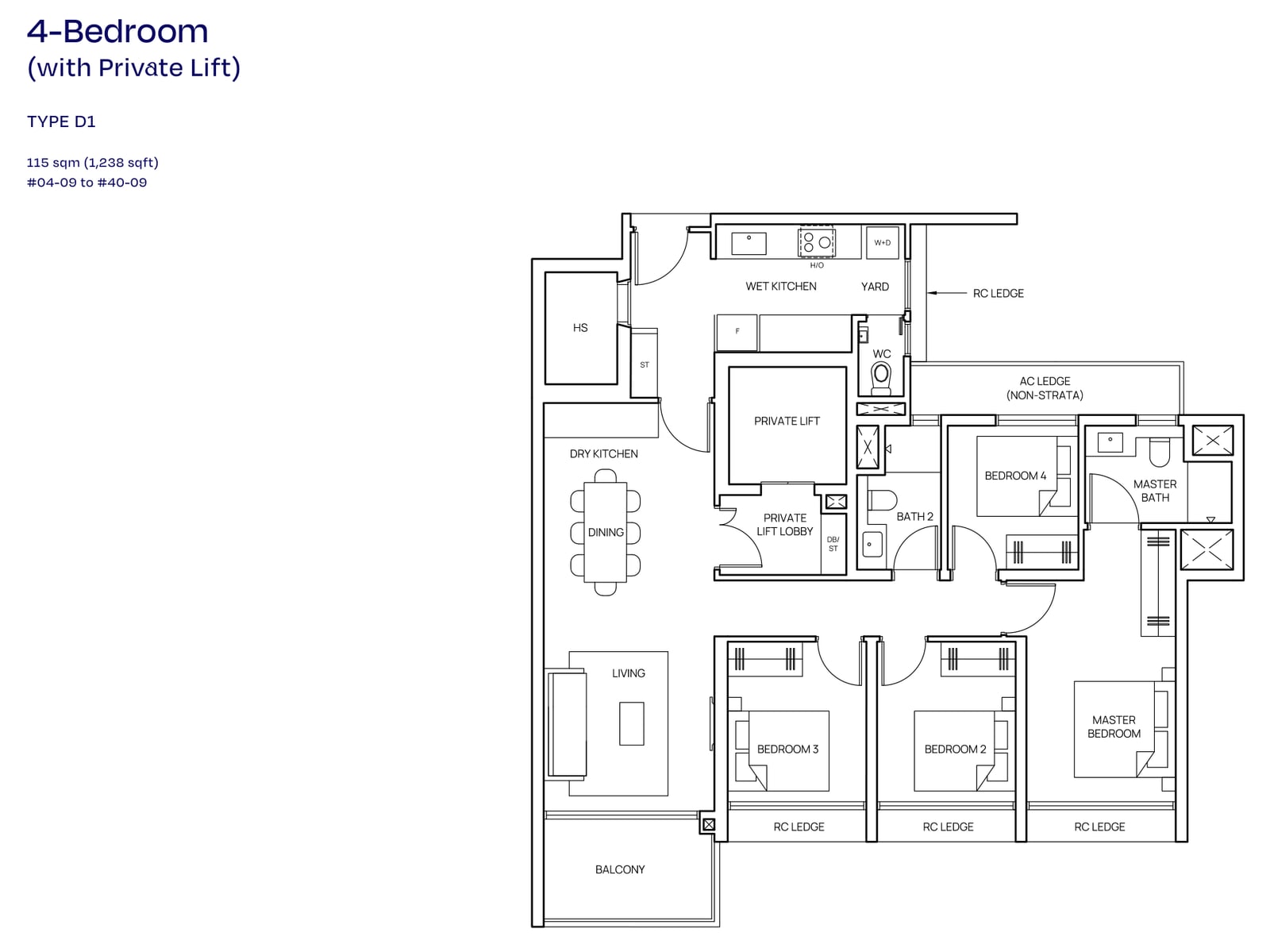 Floor plan of the 4-bedroom with private lift, type D1, 1,238 square feet