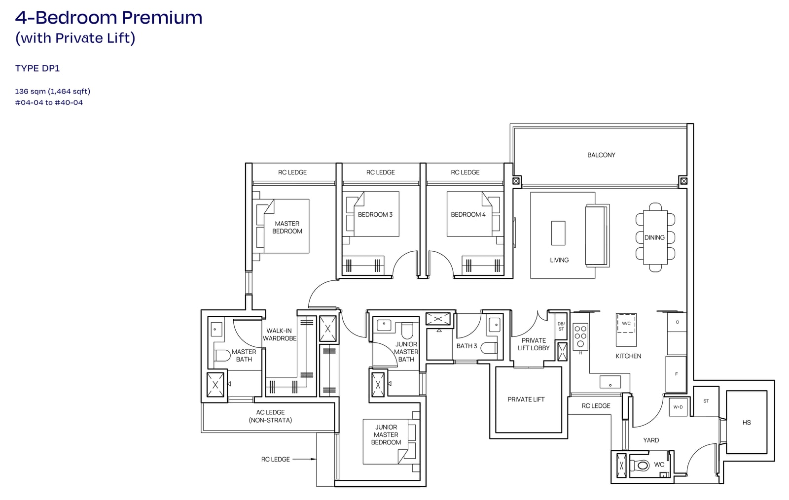 Floor plan of the 4-bedroom premium with private lift, type DP1, 1,464 square feet