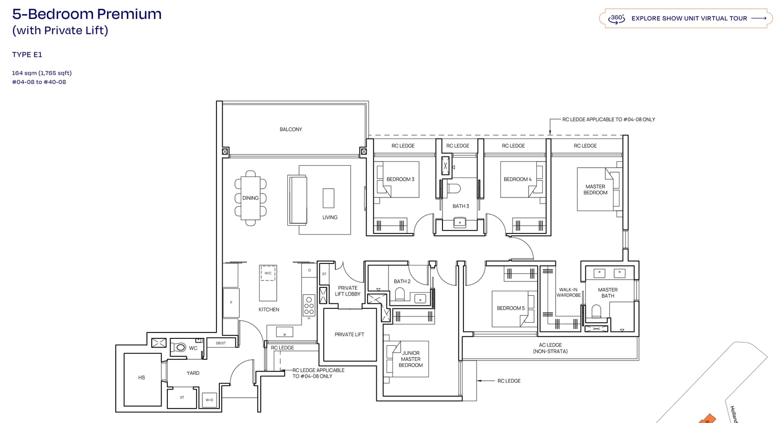 Floor plan of the 5-bedroom premium with private lift, type E1, 1,765 square feet