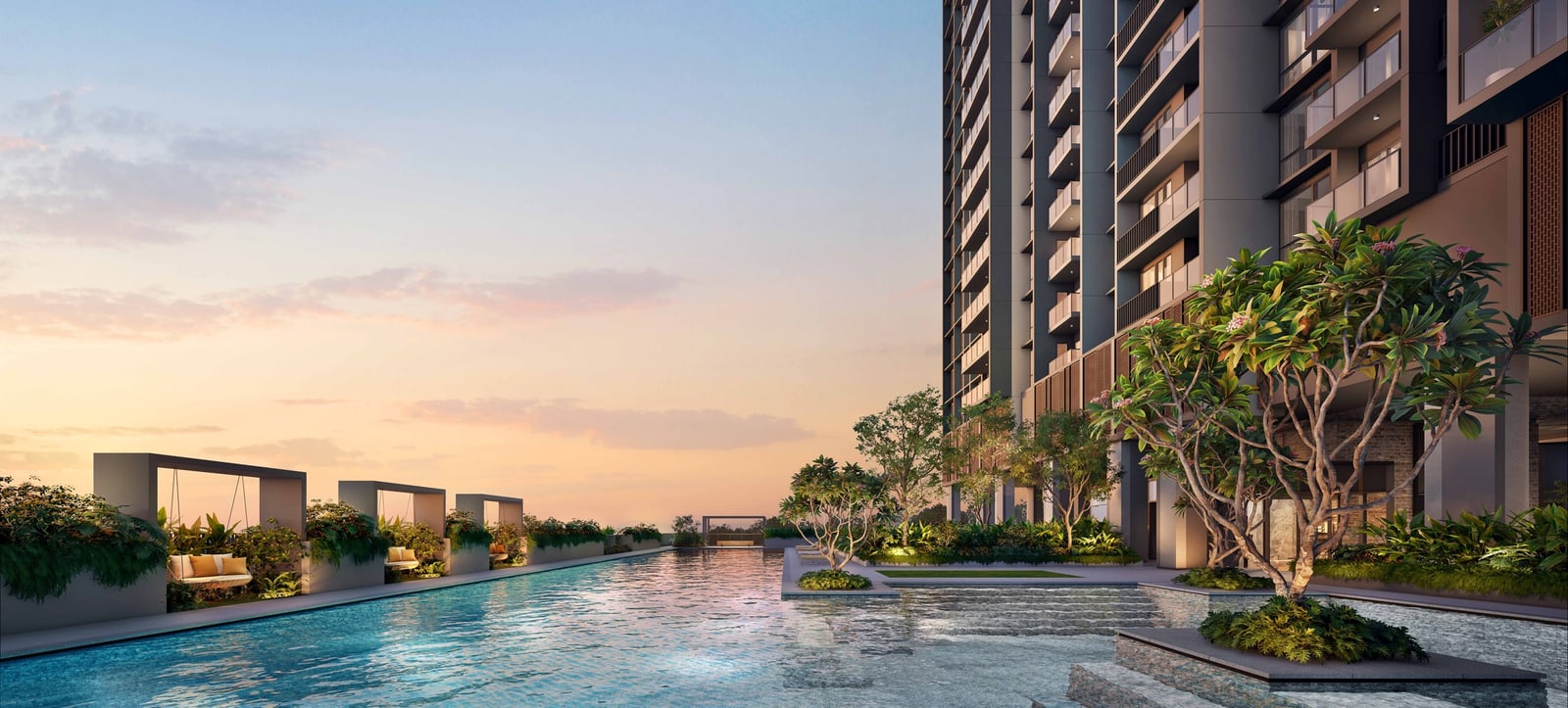Artist's impression of the lap pool at dusk with poolside swings and the tower beside it