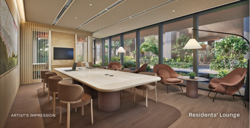 Artist's impression of the residents' lounge with a long table and armchairs