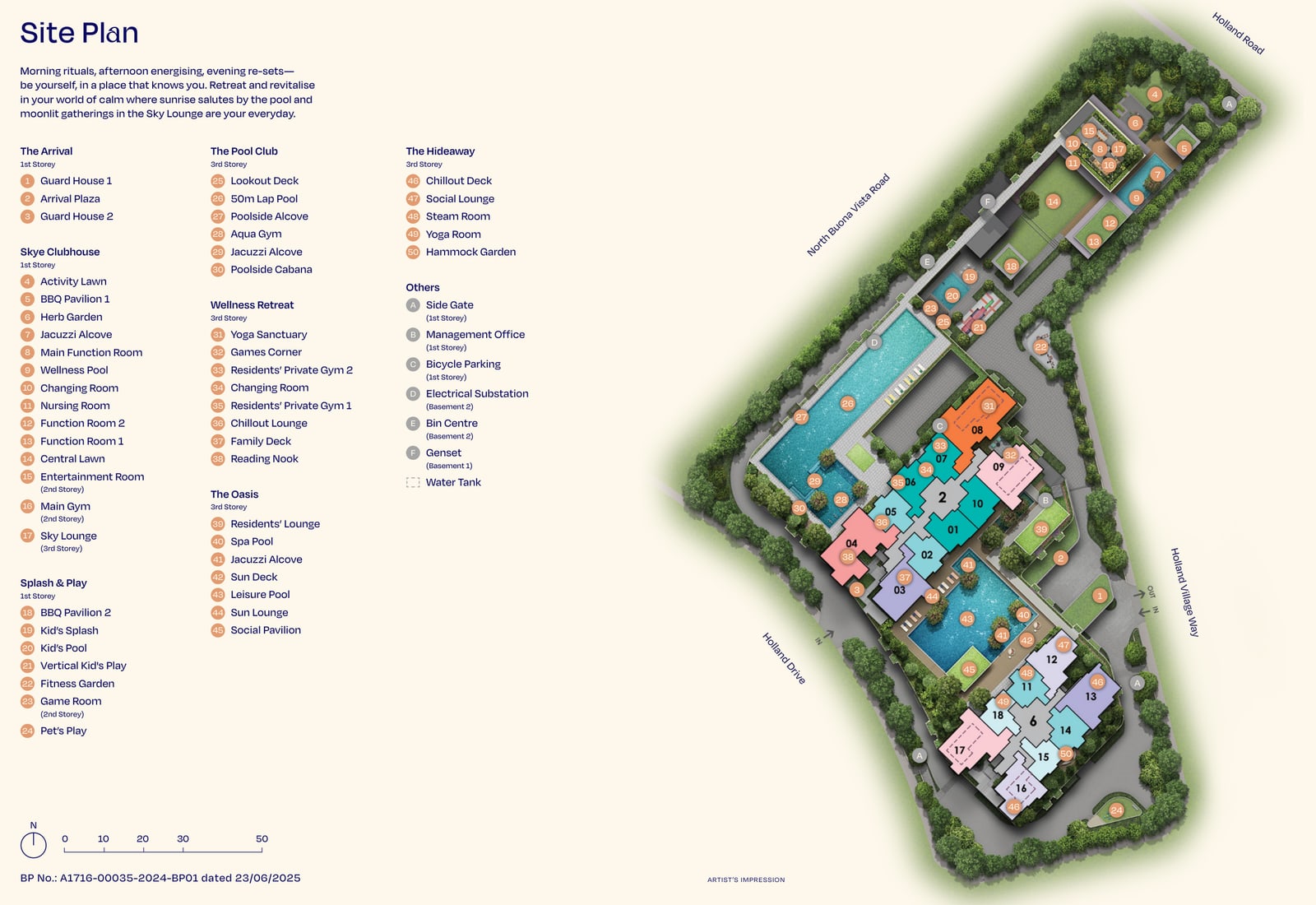 Site plan of Skye at Holland with a numbered legend of the arrival, clubhouse, pool club, wellness retreat and other facilities