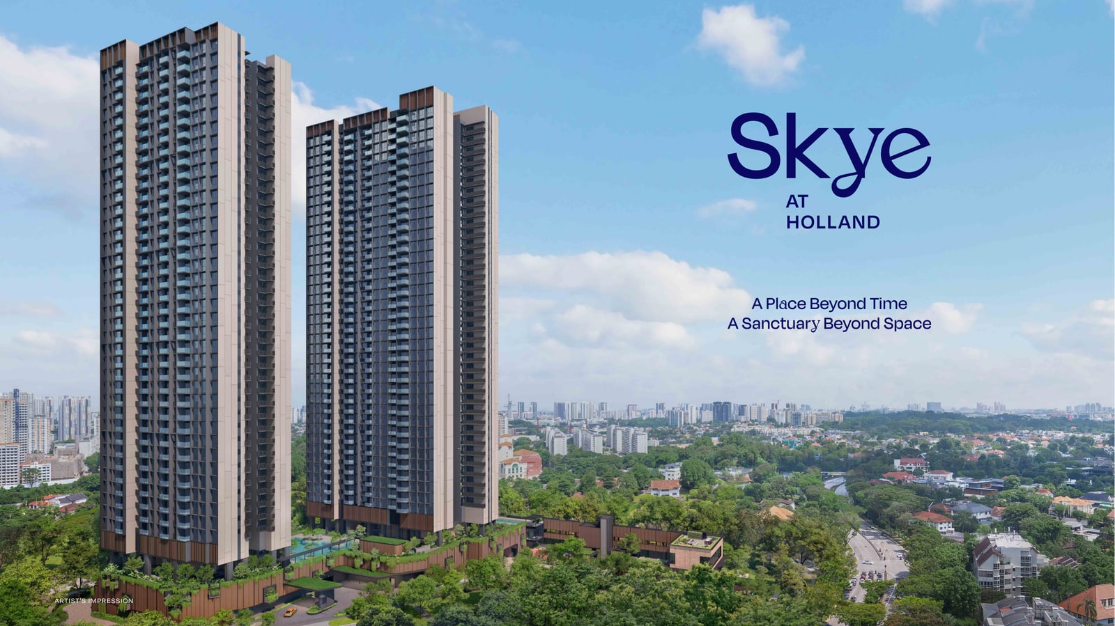 Artist's impression of the whole development: the two 40-storey Skye at Holland towers above the landscaped podium, with Holland Village and the Good Class Bungalow areas around them