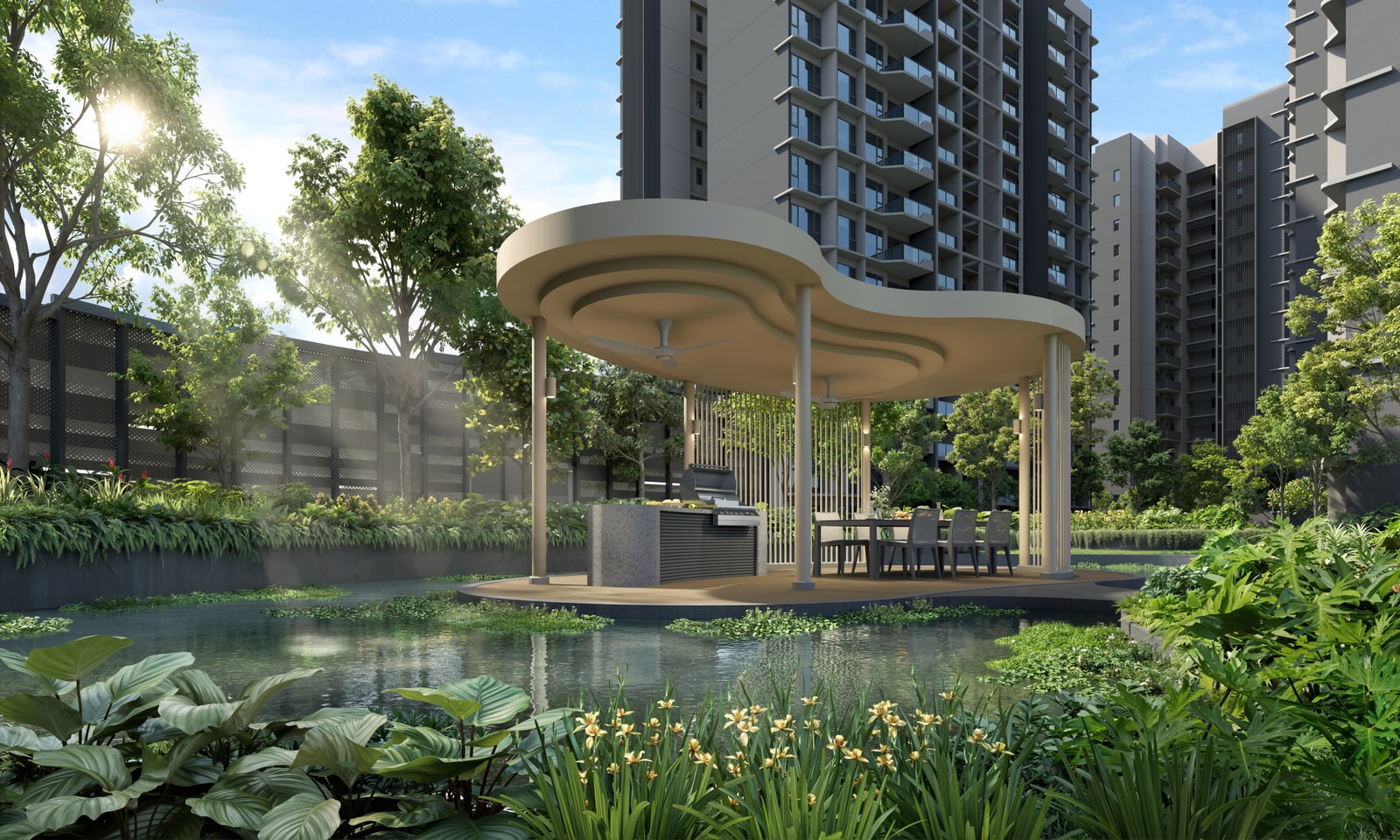 Artist's impression of Bacopa Pond with a water pavilion and BBQ station beside the residential blocks