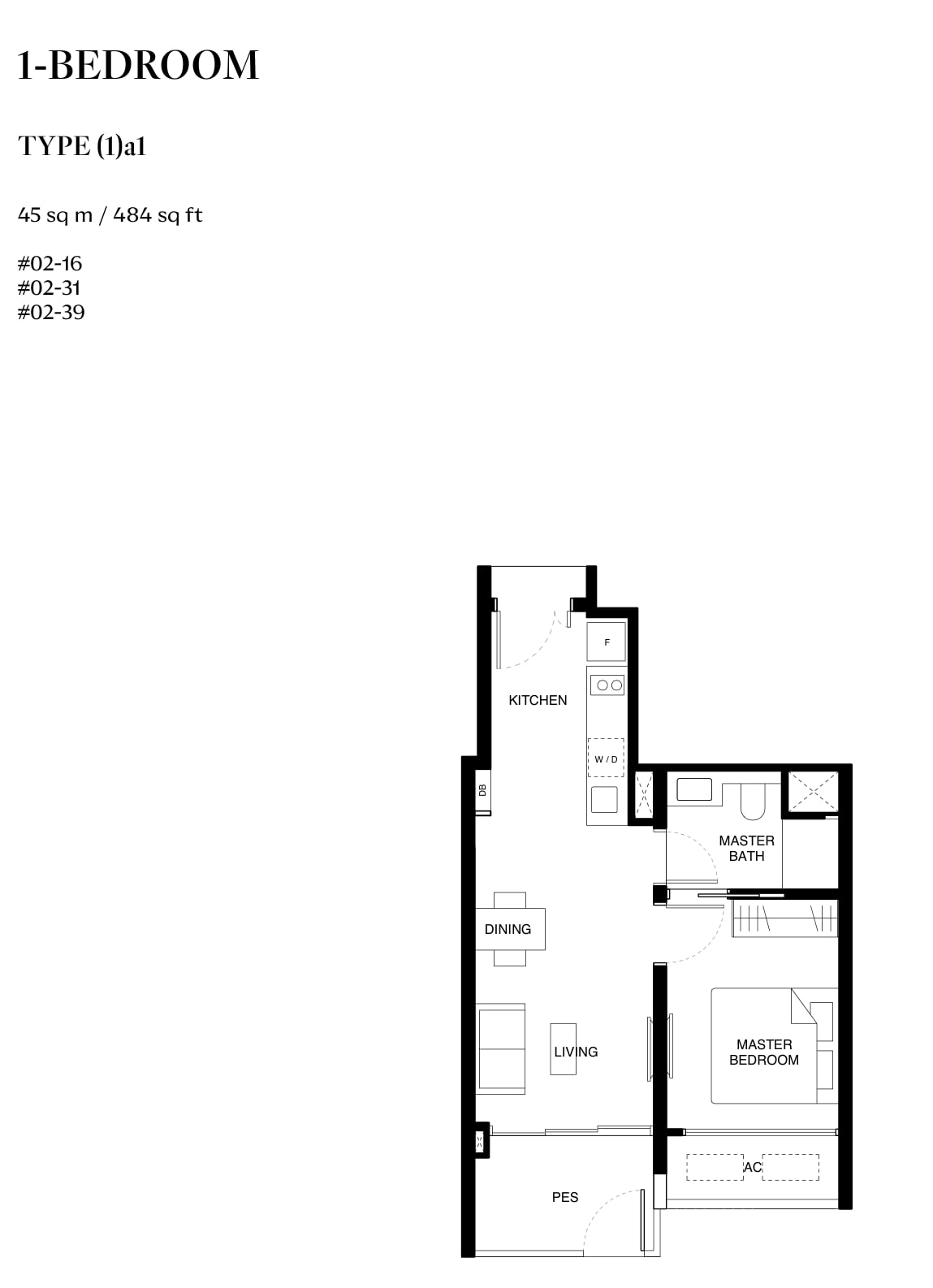 Floor plan of the 1-bedroom, type 1a1, 484 square feet
