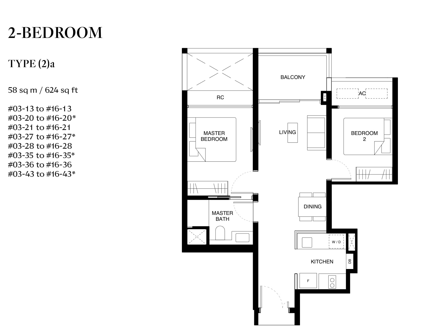 Floor plan of the 2-bedroom, type 2a, 624 square feet