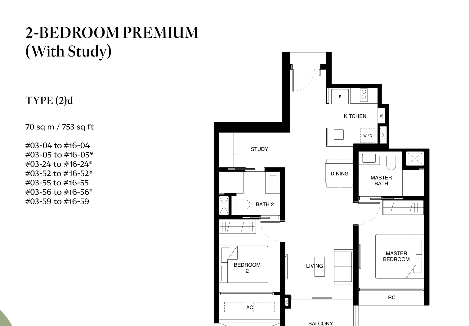Floor plan of the 2-bedroom premium with study, type 2d, 753 square feet