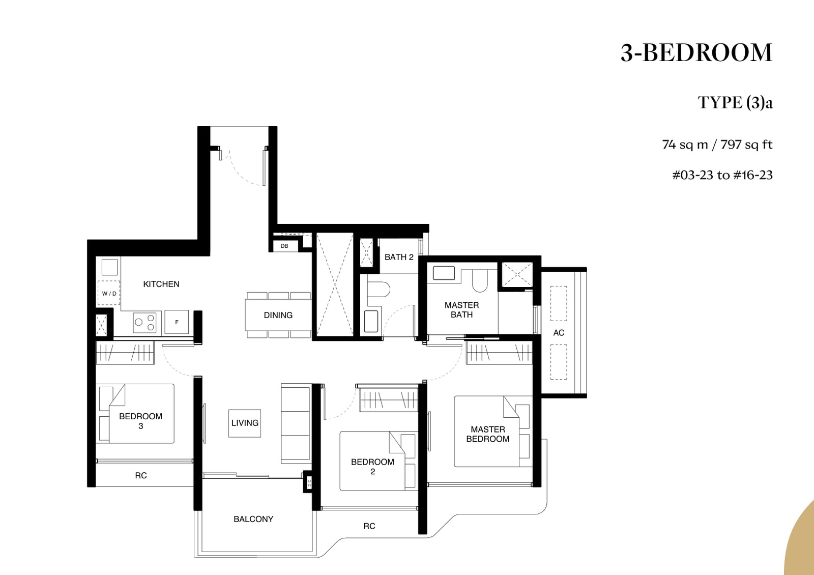 Floor plan of the 3-bedroom, type 3a, 797 square feet