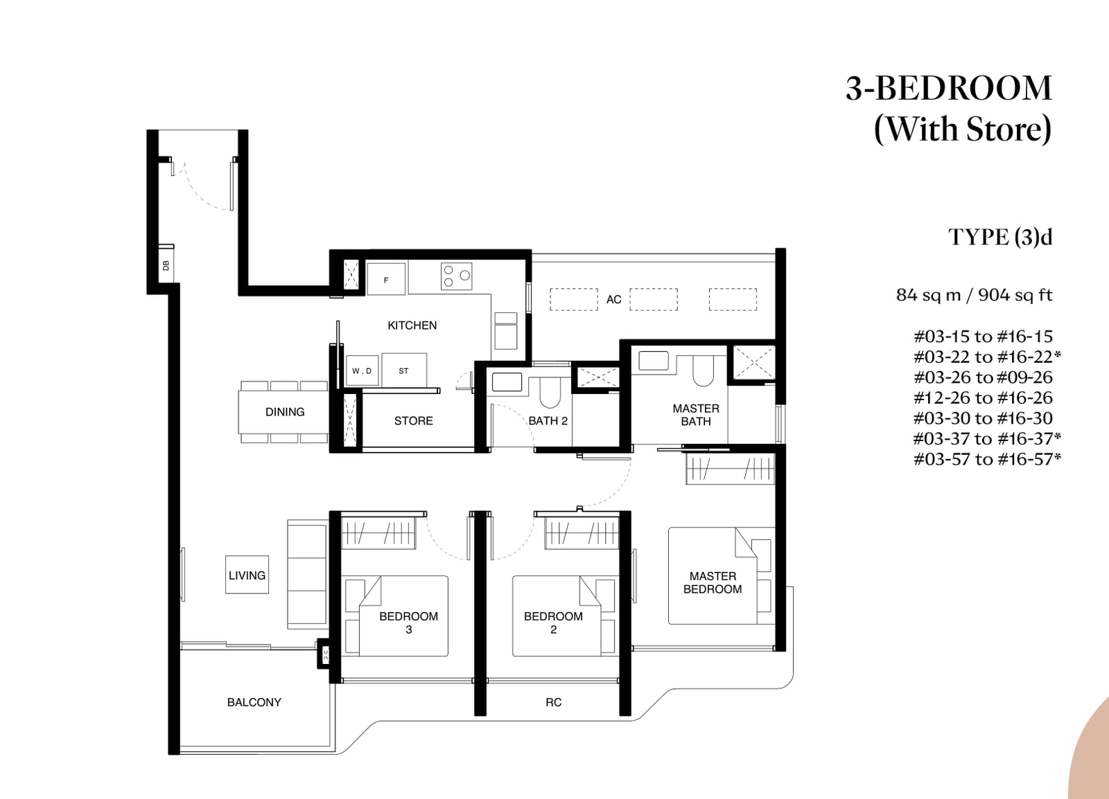 Floor plan of the 3-bedroom with store, type 3d, 904 square feet